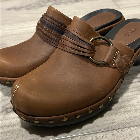 Ecco Leather Studded Slip On Size 6 EU 37 Mules Clogs Chunky Strap Boho Brown - Picture 8 of 8